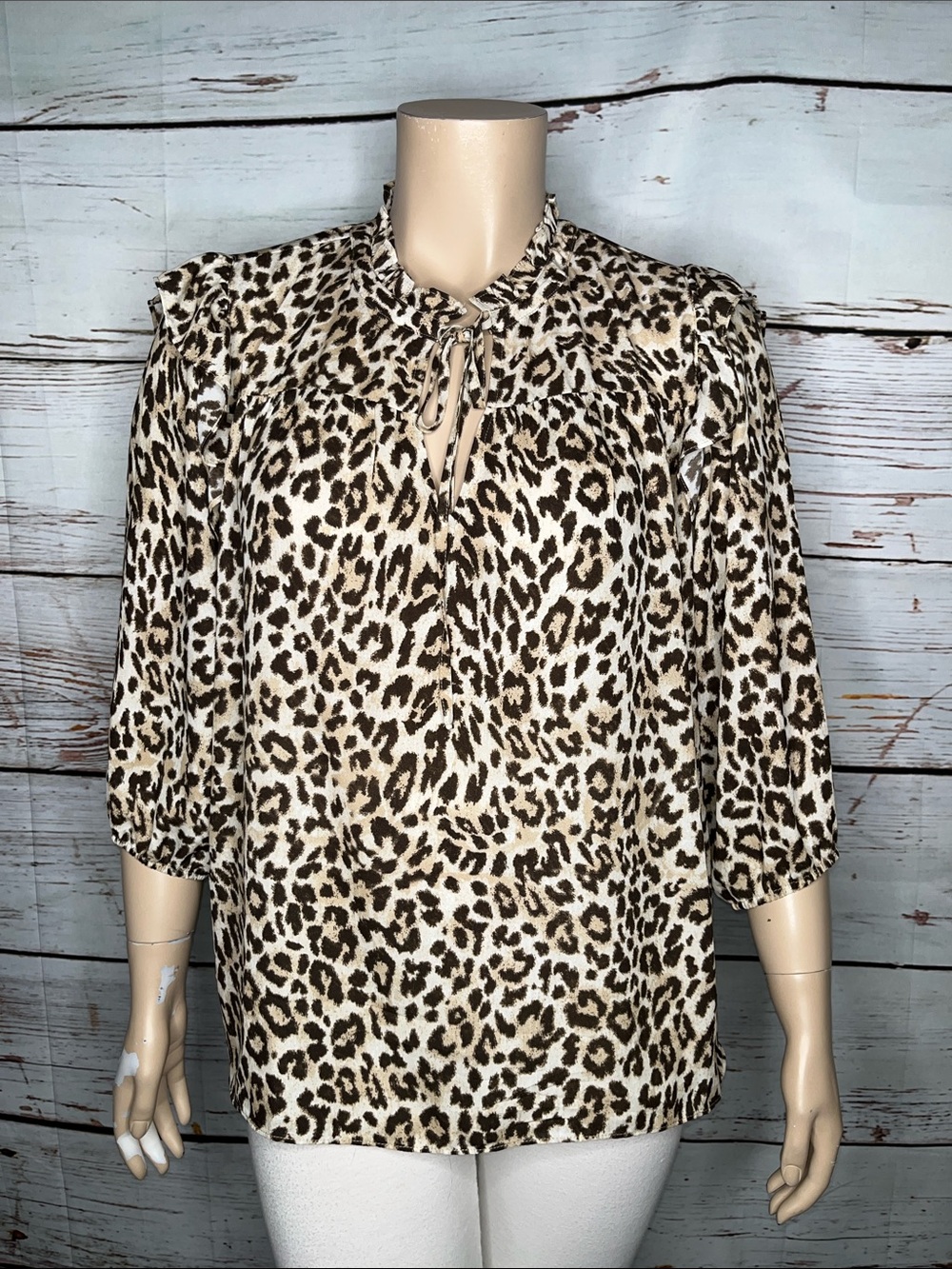 Philosophy Woman NWT Sz 2X Tan & Brown Leopard Print Keyhole Peasant Blouse Top